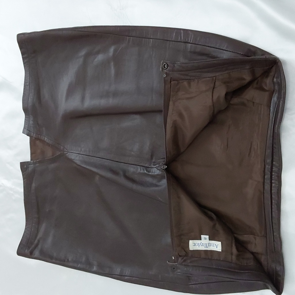 Ann Taylor Leather Mini Skirt Chocolate Brown, Fully Lined, Darted, Size 6 - Picture 10 of 15